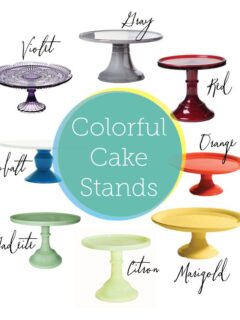 A rainbow of cake stands from The Sweetest Occasion
