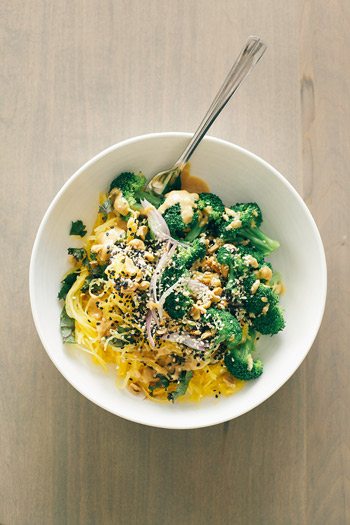 Spaghetti squash noodle bowl with lime peanut sauce