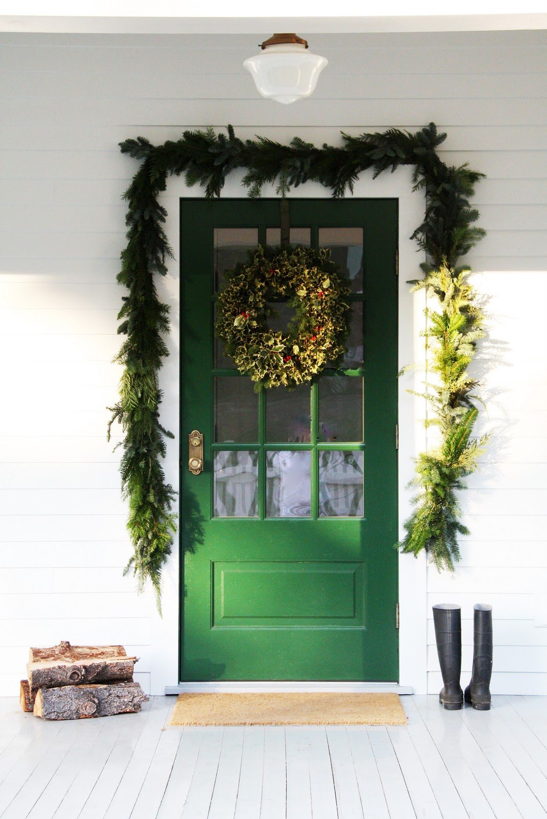 Green Door with Pine Garland and Wreath