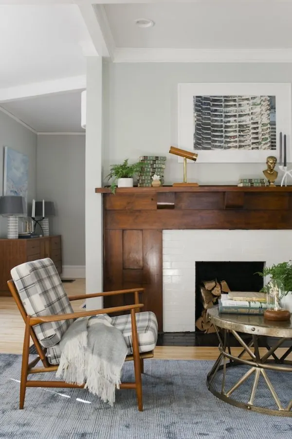 Updated Craftsman living room with gorgeous wood mantle