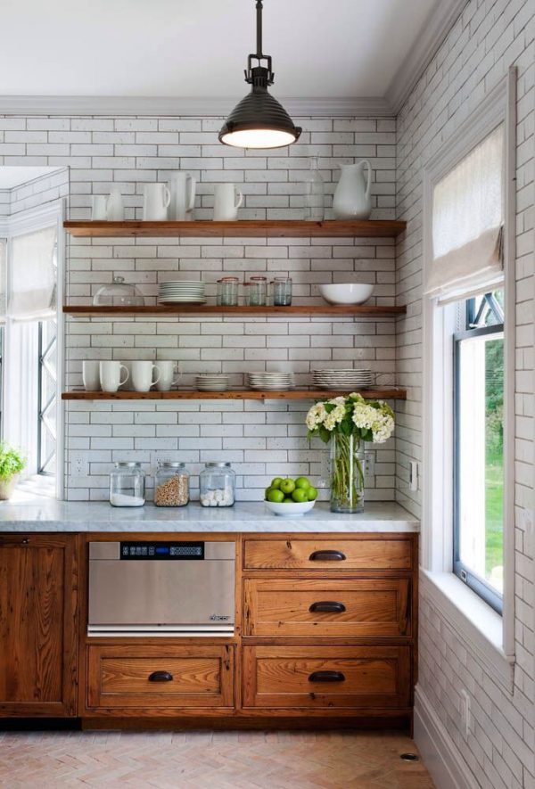 Kitchen with Reclaimed Wood Shelves (Chestnut cabinets, subway tile walls)