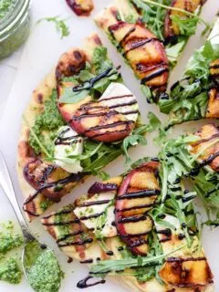 Grilled Flatbread with Peaches and Arugula Pesto Recipe | Best Summer Peach Recipes and Summer Entertaining Ideas from @cydconverse