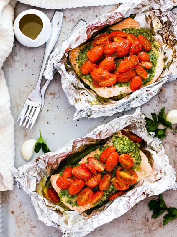 Salsa Verde Baked Salmon in Foil Recipe | 12 Delicious Camping Recipes from @cydconverse plus camping tips and a camping packing list!