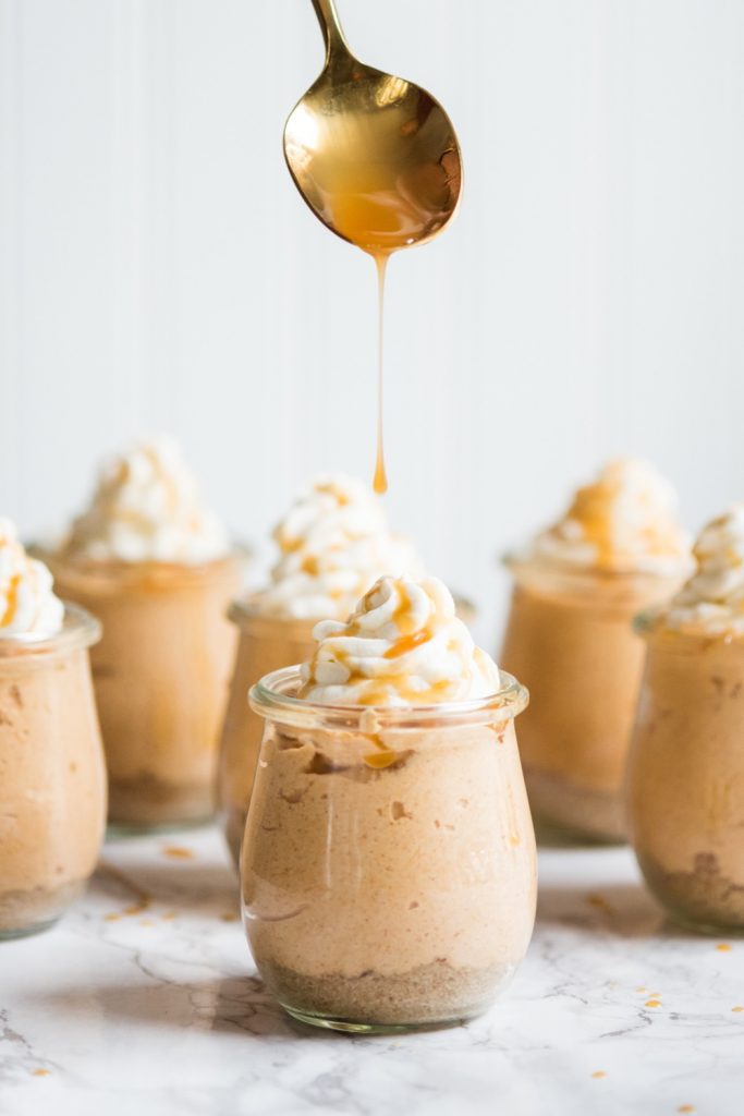 Salted Caramel Pumpkin Cheesecake Parfaits | Fall recipes, fall desserts, entertaining tips, party ideas, Thanksgiving dessert ideas and more from @cydconverse