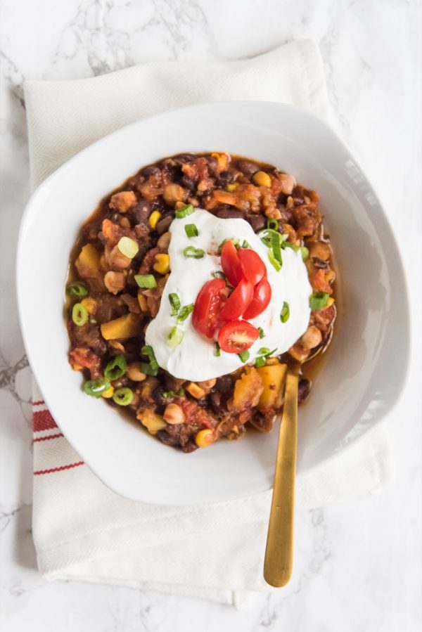 Butternut Squash Vegetarian Chili Recipe | Super Bowl recipes, entertaining tips, Super Bowl party ideas, party themes and more from @cydconverse