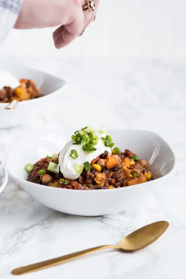 Butternut Squash Vegetarian Chili Recipe | Super Bowl recipes, entertaining tips, Super Bowl party ideas, party themes and more from @cydconverse