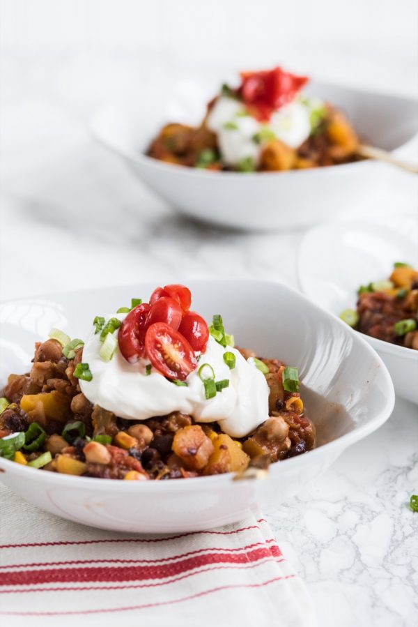 Butternut Squash Vegetarian Chili Recipe | Super Bowl recipes, entertaining tips, Super Bowl party ideas, party themes and more from @cydconverse