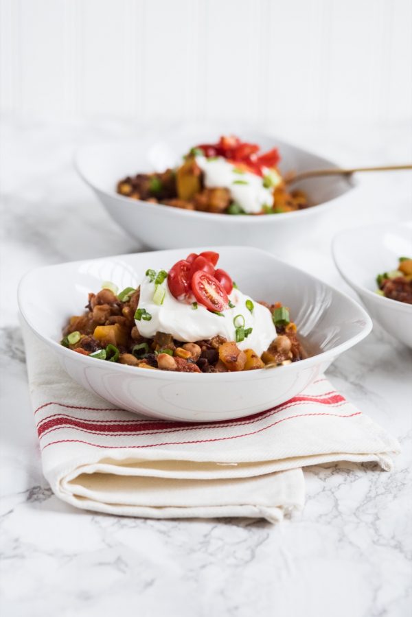 Butternut Squash Vegetarian Chili Recipe | Super Bowl recipes, entertaining tips, Super Bowl party ideas, party themes and more from @cydconverse