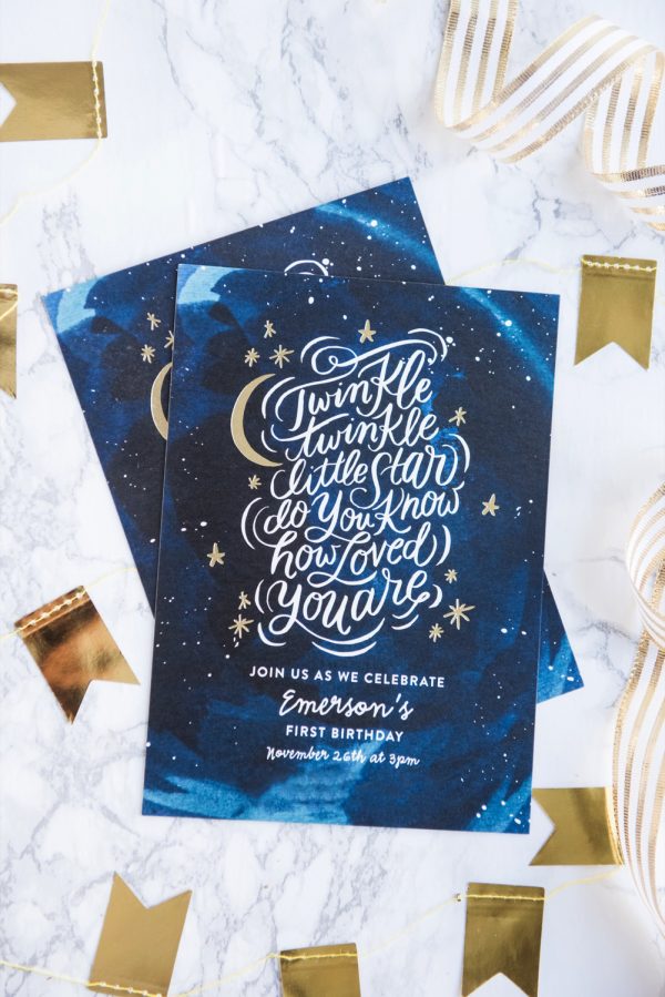 Modern First Birthday Party Invitations | First birthday party ideas, twinkle twinkle little star party and more from @cydconverse