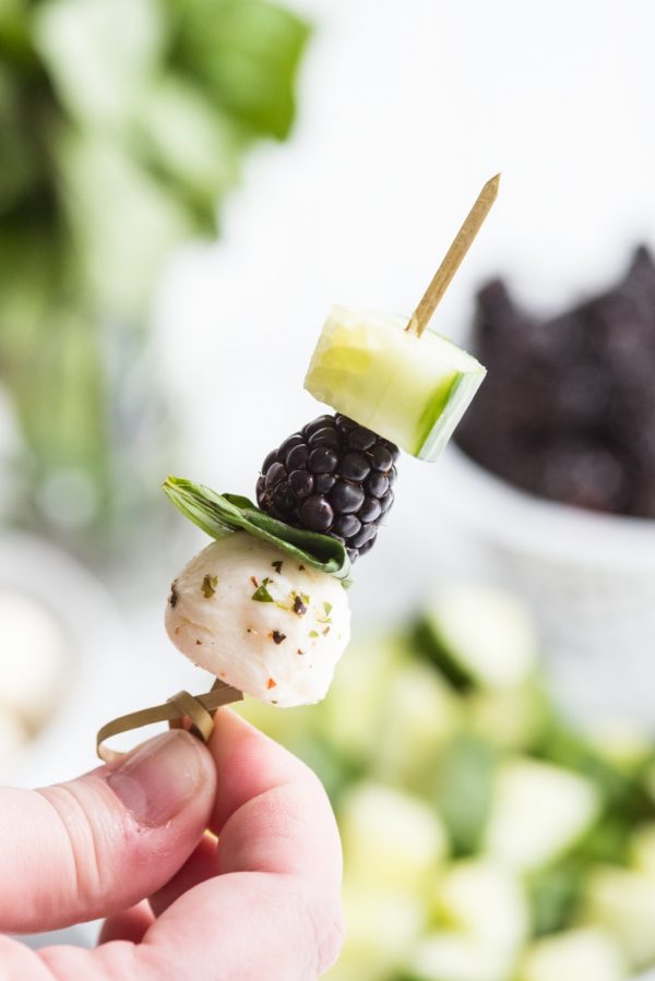 Blackberry Cucumber Caprese Skewers | Party appetizers, entertaining tips, party ideas, recipes, party cocktails and more from @cydconverse