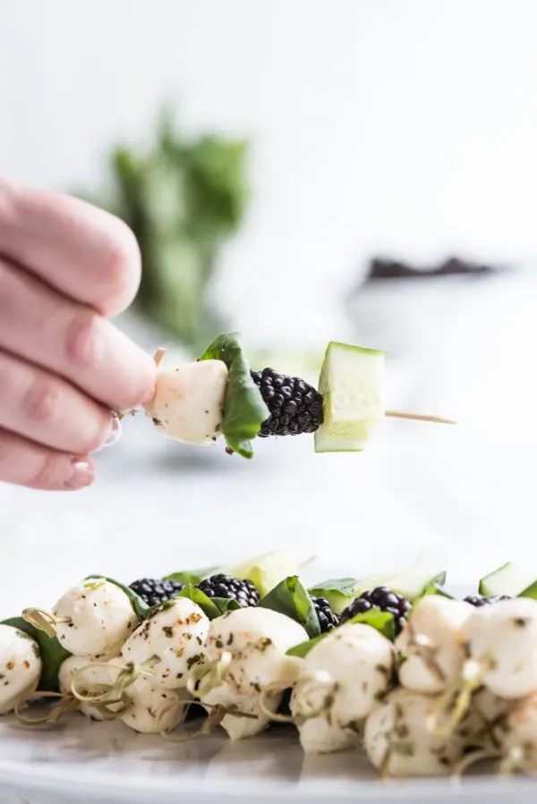 Blackberry Cucumber Caprese Skewers | Party appetizers, entertaining tips, party ideas, recipes, party cocktails and more from @cydconverse