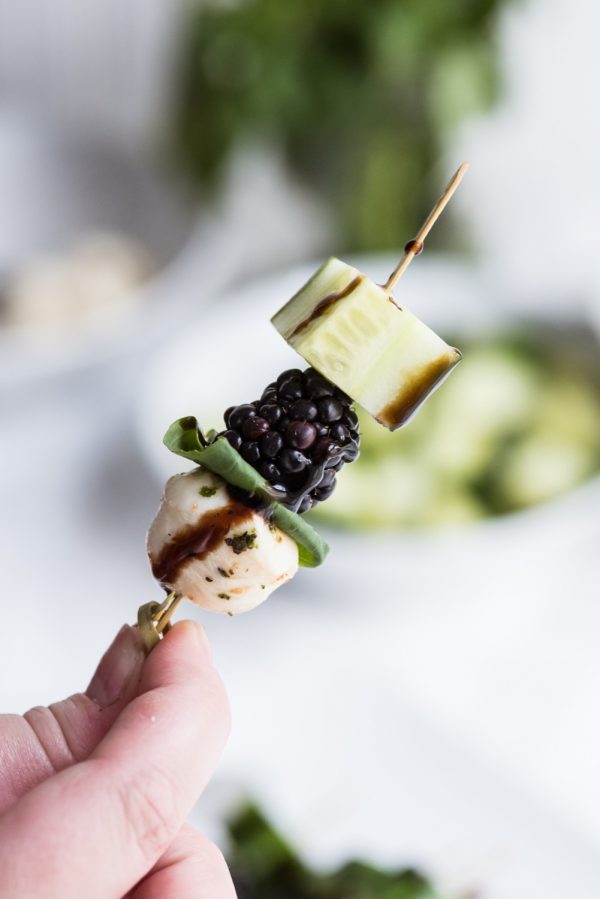Blackberry Cucumber Caprese Skewers | Party appetizers, entertaining tips, party ideas, recipes, party cocktails and more from @cydconverse