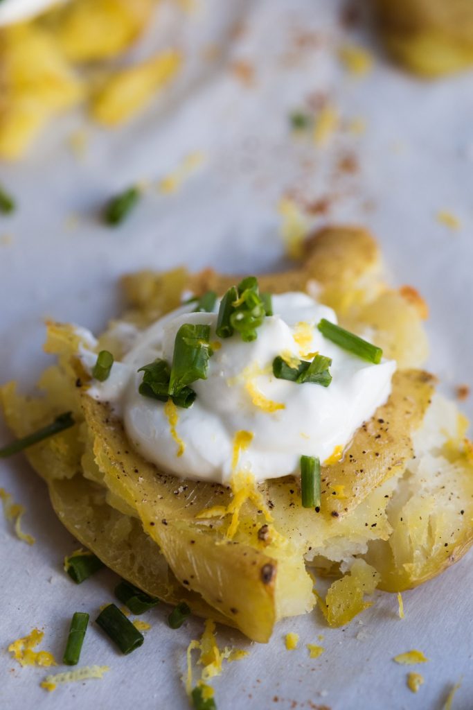 Lemon + Herb Smashed Potatoes with Greek Yogurt The Sweetest Occasion