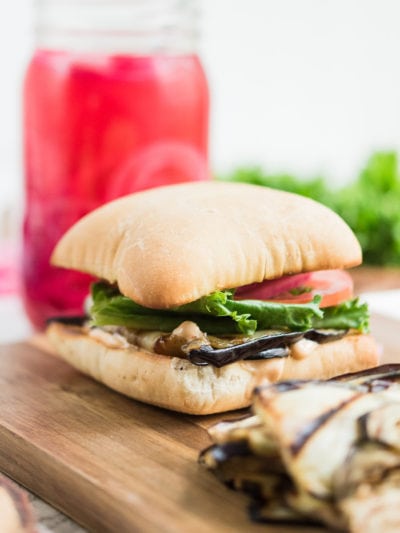 Grilled Eggplant Sandwiches with Sriracha Mayo + Pickled Red Onions thumbnail