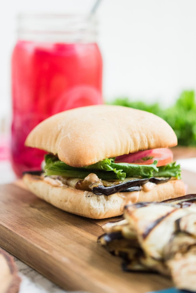Grilled Eggplant Recipes: Grilled Eggplant Sandwiches with Easy Red Pickled Onions from entertaining blog @cydconverse
