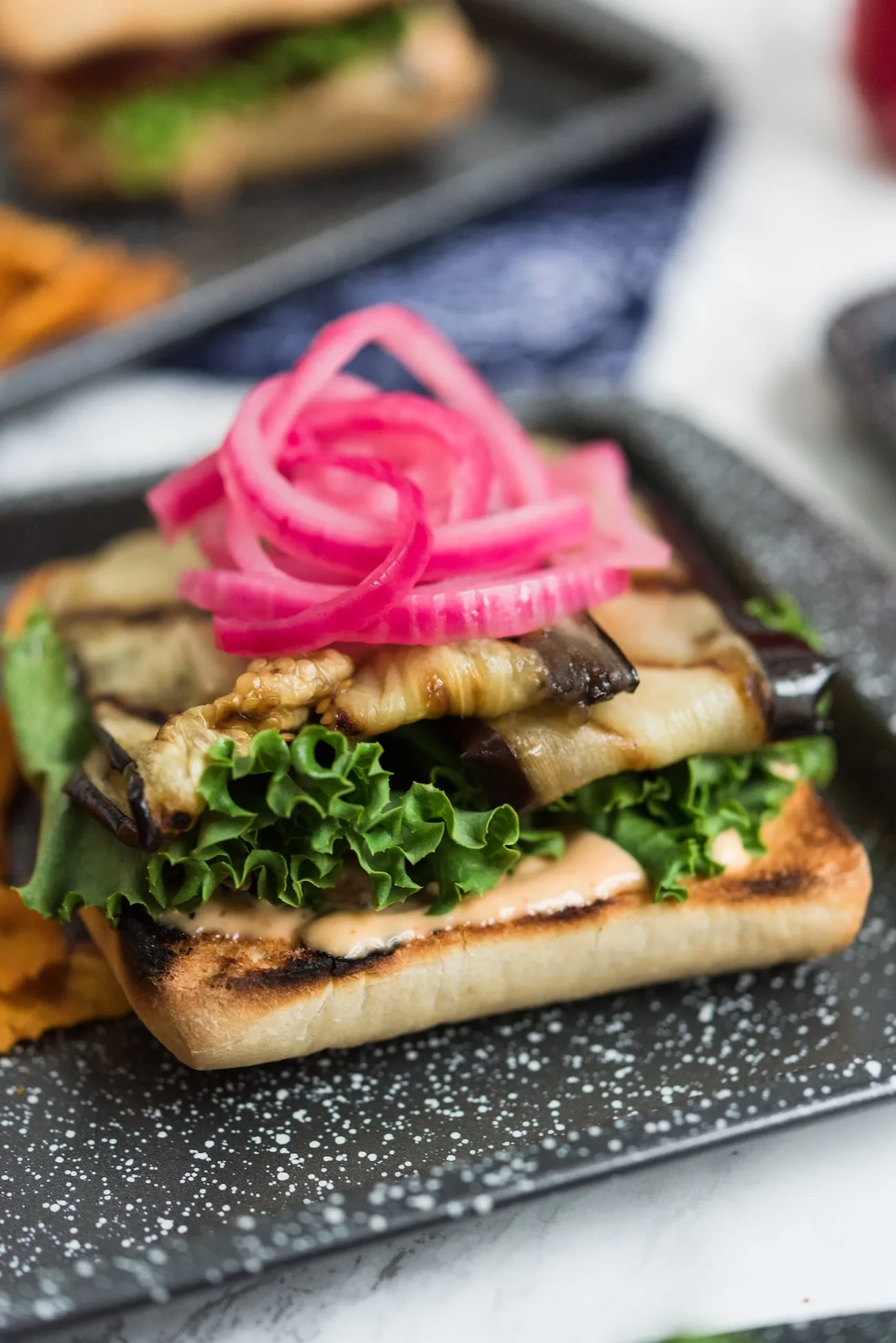 Grilled Eggplant Recipes: Grilled Eggplant Sandwiches with Easy Red Pickled Onions from entertaining blog @cydconverse