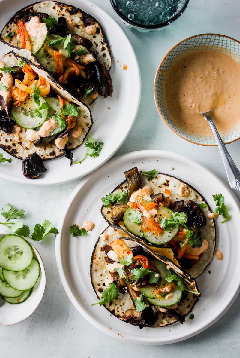 The Best Veggie Tacos | Korean Eggplant Mushroom Tacos with Kimchi Cream plus more vegetarian tacos from entertaining blog @cydconverse