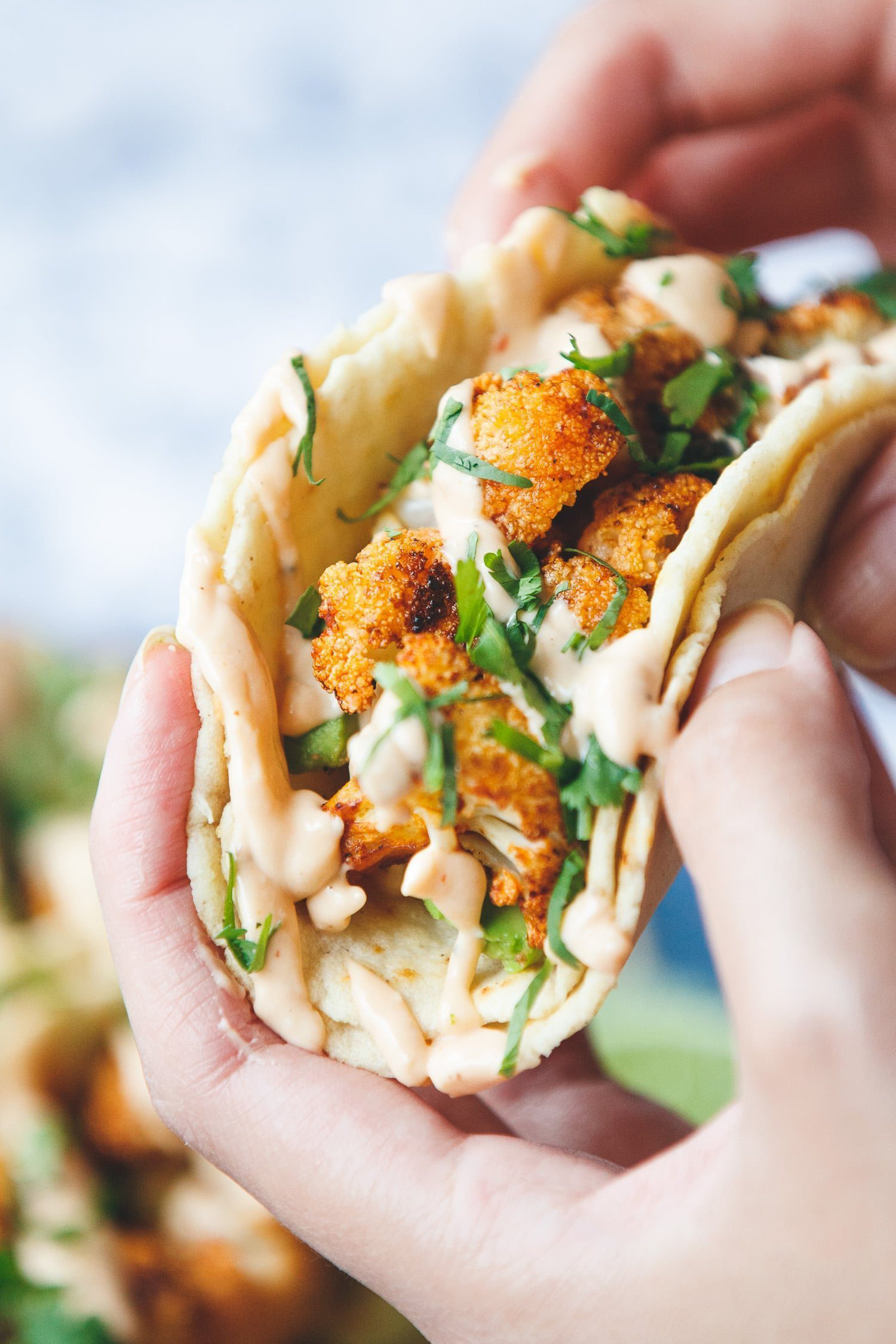 Cauliflower Tacos with Chipotle Cream | Vegetarian tacos, veggie tacos and party recipes from entertaining blog @cydconverse