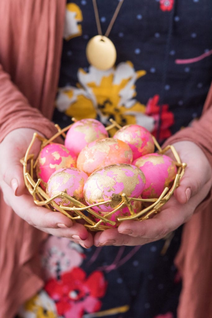 DIY Shaving Cream Easter Eggs with Gold Leaf from entertaining blog @cydconverse