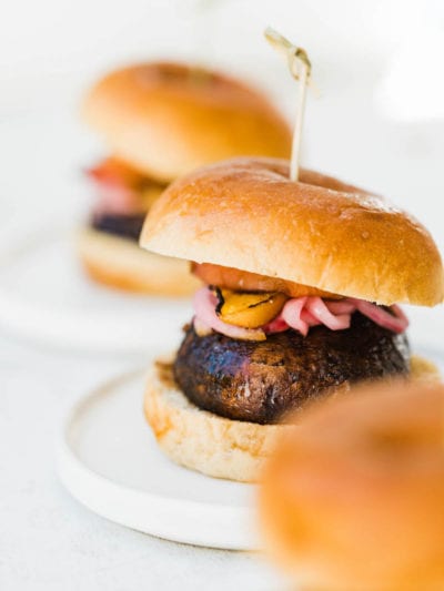 Portobello Burgers with Grilled Peaches + Pickled Onions thumbnail